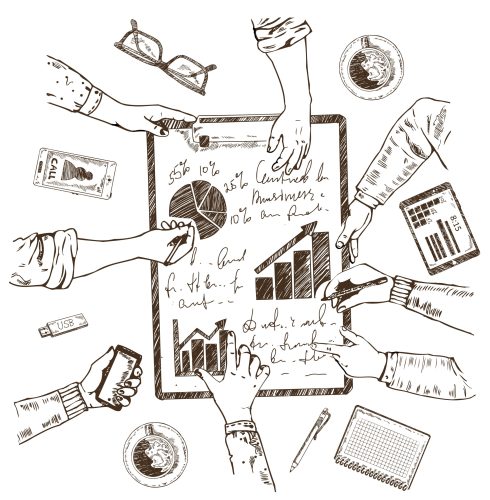 Business planning sketch concept with analysis brainstorming and discussion of new project isolated vector illustration