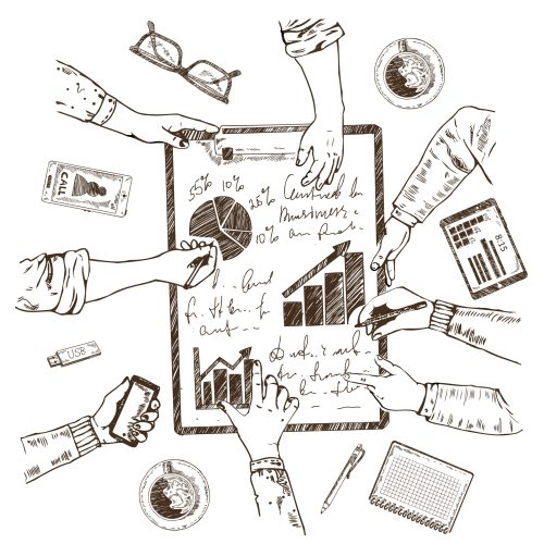 Business planning sketch concept with analysis brainstorming and discussion of new project isolated vector illustration